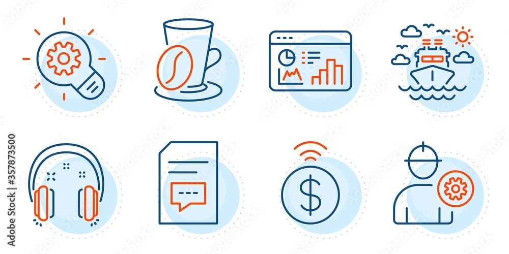 Headphones, Seo statistics and Contactless payment signs. Ship travel, Coffee cup and Engineer line icons set. Cogwheel, Comments symbols. Cruise transport, Latte drink. Business set. Vector Headphones, Seo statistics and Contactless payment signs. Ship travel, Coffee cup and Engineer line icons set. Cogwheel, Comments symbols. Cruise transport, Latte drink. Business set. Vector