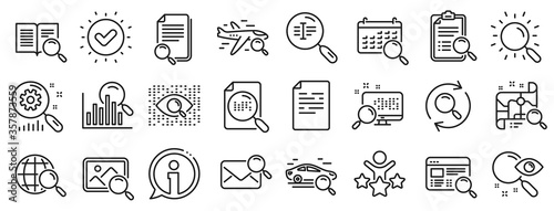 Photo indexation  Artificial intelligence  Car rental icons. Search line icons. Airplane flights  Web search engine  Analytics. Find photo  checklist document  artificial intelligence eye. Vector