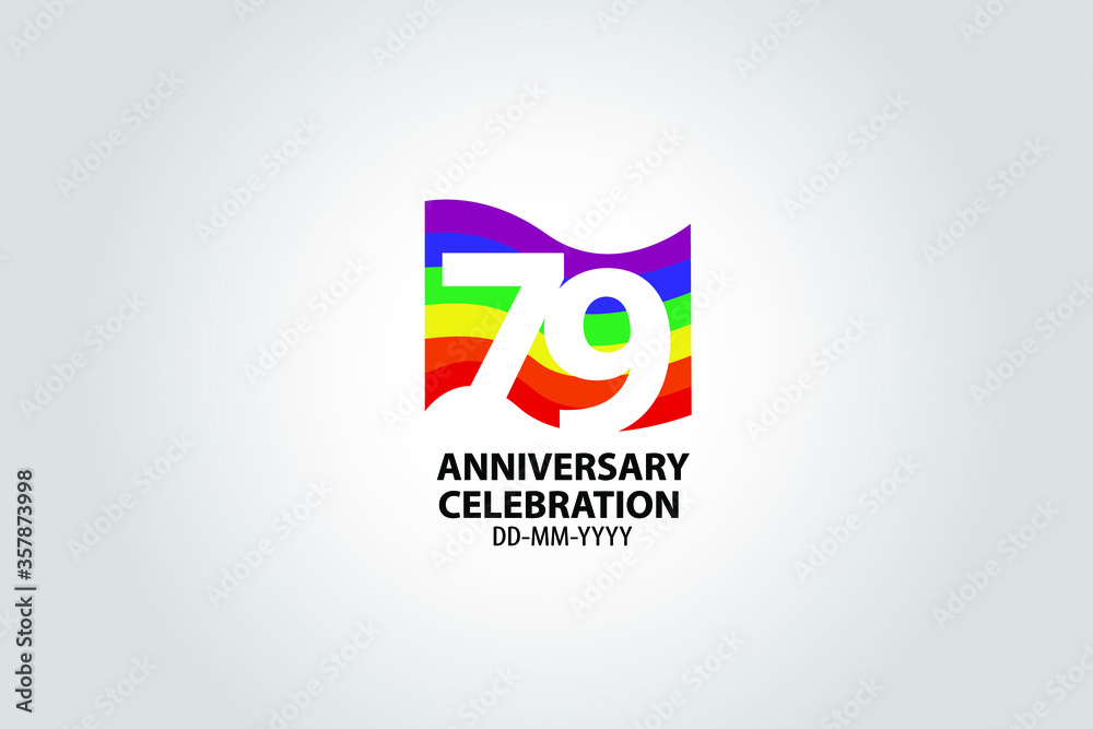 79 year anniversary celebration logotype with white number Emboss Style isolated on LGBT Colorful Flag on white grey background for invitation card, banner or flyer -vector