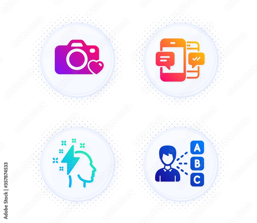 Brainstorming, Photo camera and Smartphone sms icons simple set. Button with halftone dots. Opinion sign. Lightning bolt, Love photos, Mobile messages. Choose answer. Education set. Vector Brainstorming, Photo camera and Smartphone sms icons simple set. Button with halftone dots. Opinion sign. Lightning bolt, Love photos, Mobile messages. Choose answer. Education set. Vector