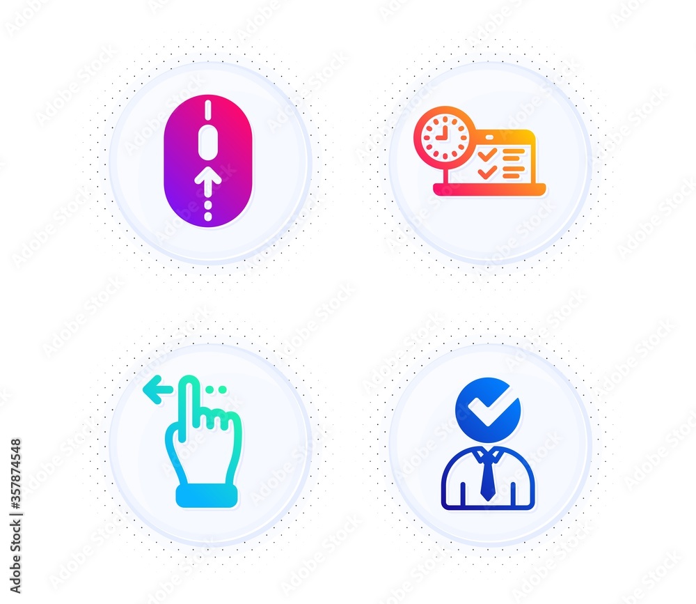 Online test, Swipe up and Touchscreen gesture icons simple set. Button with halftone dots. Vacancy sign. Examination, Scrolling page, Slide left. Businessman concept. Business set. Vector