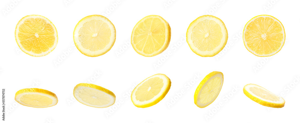 Set of delicious lemons on white background, banner design