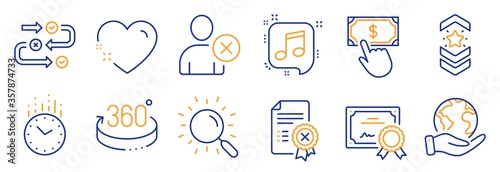 Set of Business icons, such as Reject certificate, Payment click. Certificate, save planet. Survey progress, Musical note, 360 degrees. Heart, Time, Delete user. Vector