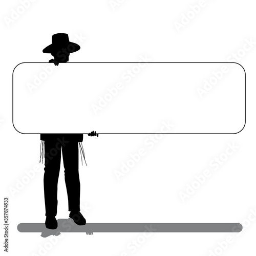 A black vector silhouette of a Torah-observant Jewish man holding a sign.
The character is dressed like a hipster with a black hat. And a suit.
Flat vector drawing.