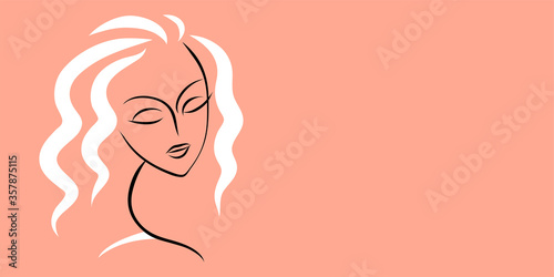 Face silhouette of a beautiful girl. Drawing in black and white lines. Female beauty. Vector illustration with place for text.