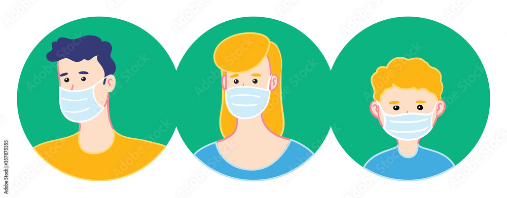 Family wears face masks. Virus transmission prevention. Smog protection. Family wears face masks. Virus transmission prevention. Smog protection.