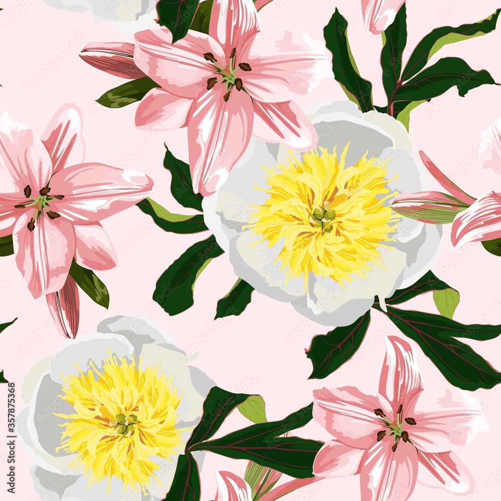 Seamless floral pattern with white yellow peonies and pink lilies. Design for wallpaper, fabric, wrapping paper, cover and more. 