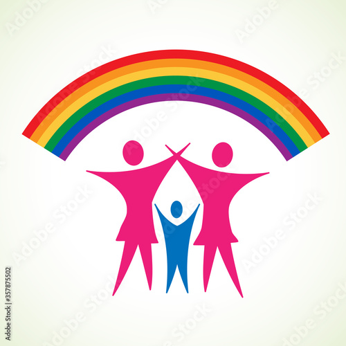 Couple of lesbians and adopted child under a lgbt rainbow. Homosexual family. Logo design template, vector illustration