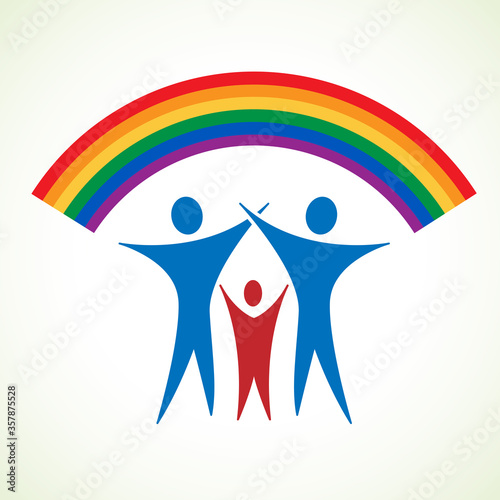 Couple of gay and adopted child under a lgbt rainbow. Homosexual family. Logo design template, vector illustration