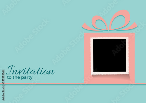 A gift for your happy birthday. Invitation to the party with empty photo inside a gift. Picture to insert. Vector pink box on bluemarine background