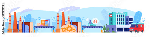 Hygiene accessories factory production vector illustration. Cartoon flat manufacturing process of hygienic products, mask, sanitizer for health care, medicine for hospital technology isolated on white