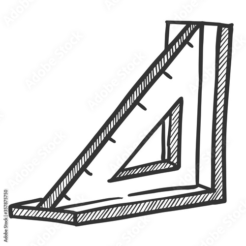 Triangular ruler icon in sketch style. Woodworking tool vector illustration.