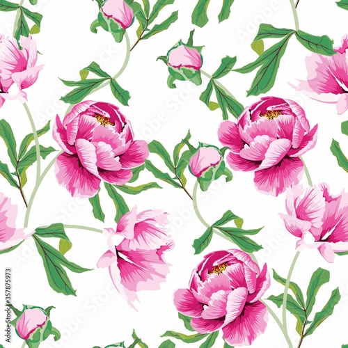 Seamless floral pattern on a white background. Design for wallpaper, fabric, wrapping paper, cover and more. Elegant seamless peony flowers pattern.