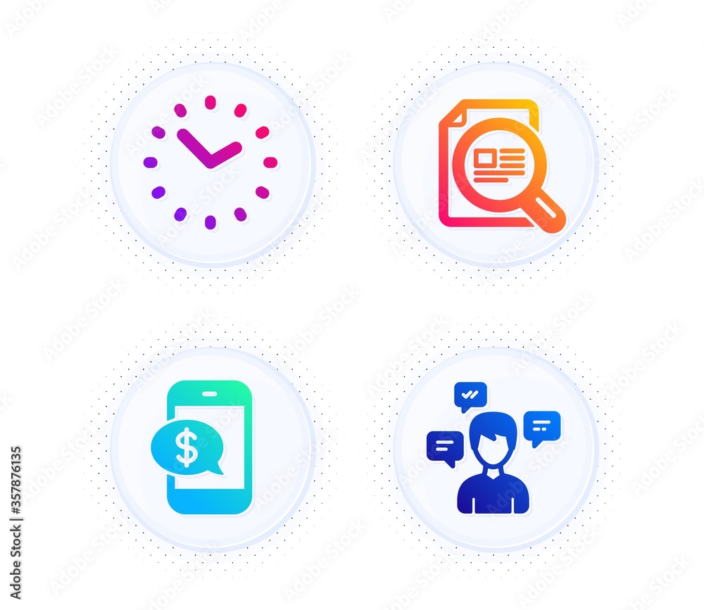 Check article, Phone payment and Time icons simple set. Button with halftone dots. Conversation messages sign. Magnifying glass, Mobile pay, Clock. Communication. Education set. Vector Check article, Phone payment and Time icons simple set. Button with halftone dots. Conversation messages sign. Magnifying glass, Mobile pay, Clock. Communication. Education set. Vector