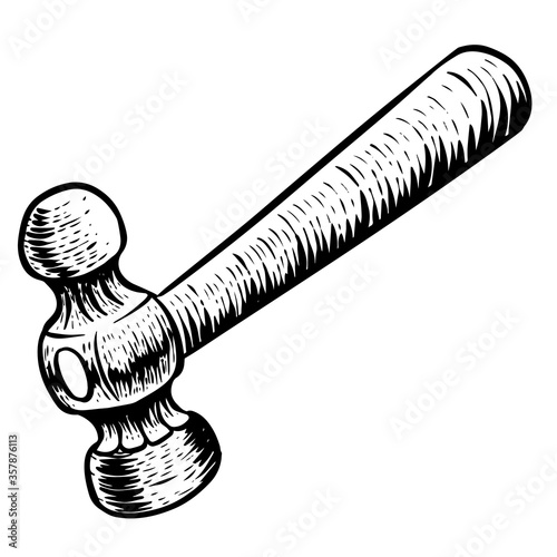 Ball-peen hammer in woodcut drawing style. Woodworking tool vector illustration.