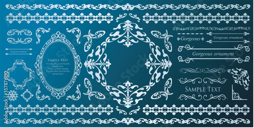 豪華なデコレーションセット、ロココ調の模様、フローラルな額のデザイン。王朝のエンブレム、カリグラフィーのデザイン素材。