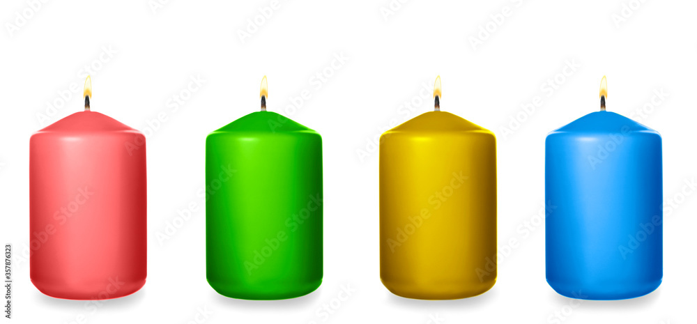 Set of burning color candles on white background. Banner design Set of burning color candles on white background. Banner design