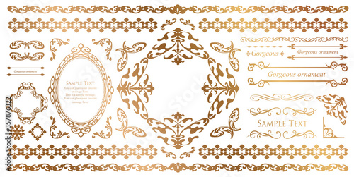 豪華なデコレーションセット、ロココ調の模様、フローラルな額のデザイン。王朝のエンブレム、カリグラフィーのデザイン素材。