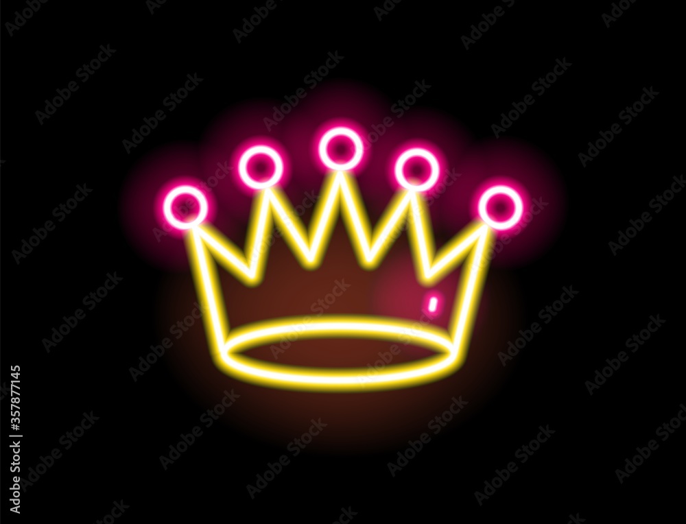 Bright yellow and red glowing neon light crown vector flat illustration. Colorful fashion sign isolated on black background. Royalty symbol trendy design element in outline style Bright yellow and red glowing neon light crown vector flat illustration. Colorful fashion sign isolated on black background. Royalty symbol trendy design element in outline style