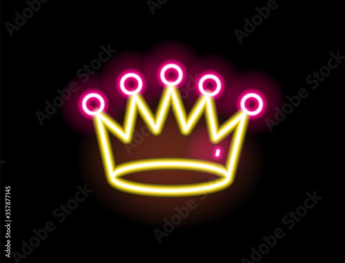 Bright yellow and red glowing neon light crown vector flat illustration. Colorful fashion sign isolated on black background. Royalty symbol trendy design element in outline style