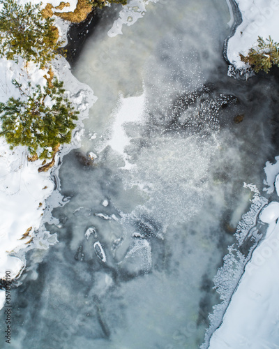 Aerial top down view of a frozen river 
