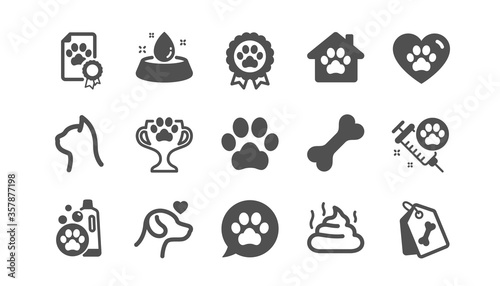 Pets icons set. Dog care, veterinary and cat food. Lovely animals, shampoo for pets and doghouse icons. Vaccine, pet care and dog paw. Winner cup, certificate and medal. Animal feces. Vector