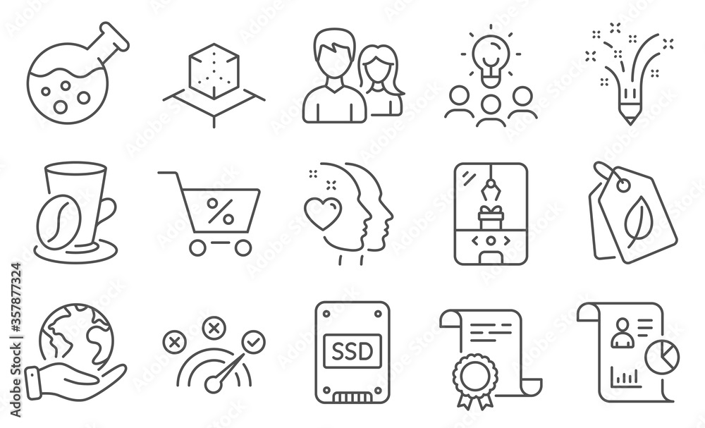 Set of Business icons, such as Inspiration, Report. Diploma, ideas, save planet. Chemistry lab, Crane claw machine, Correct answer. Ssd, Augmented reality, Heart. Vector
