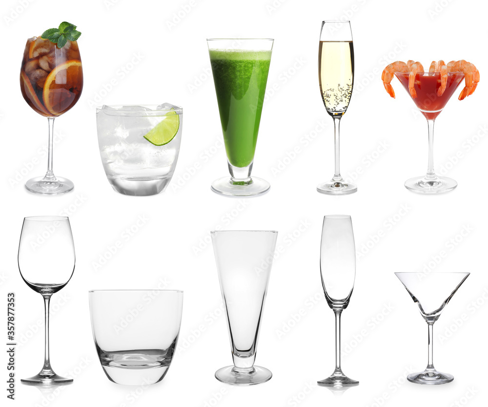 Collage with full and empty glasses on white background