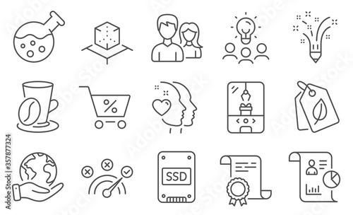 Set of Business icons, such as Inspiration, Report. Diploma, ideas, save planet. Chemistry lab, Crane claw machine, Correct answer. Ssd, Augmented reality, Heart. Vector