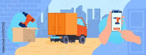 Electric power tool delivery service vector illustration. Cartoon flat human hands ordering tool equipment using online smartphone app, deliver truck shipping. Modern shipment technology background