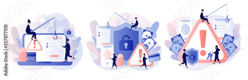 Internet hacker attack and personal data security concept. Computer security technology.Tiny anonymous hacker man attacking computer. Modern flat cartoon style. Vector illustration on white background