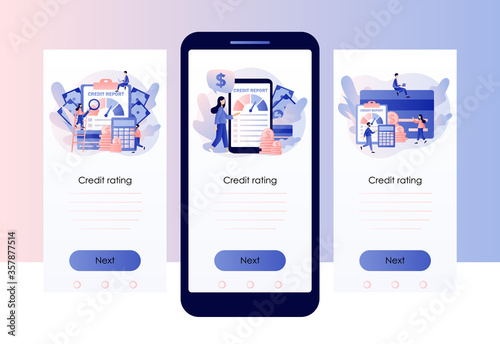 Credit rating. Credit report. Personal credit score information and financial rating.Tiny people analysts credit risk control. Screen template for mobile smart phone. Modern flat cartoon style. Vector