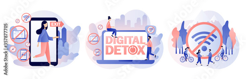 Digital detox. Freedom from internet, smartphones and social media.
Tiny people relax in nature. Modern flat cartoon style. Vector illustration on white background
