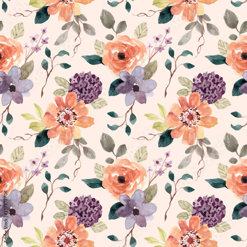 purple orange flower watercolor seamless pattern