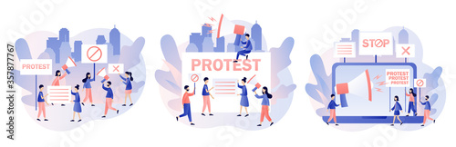 Protest and social activity concept. Tiny people protesters, holding banners, placards and megaphones. Parade, political meeting or online rally. Modern flat cartoon style. Vector illustration 