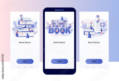 Book library. Literature fans, E-book, media library, learning online.  Tiny people reading books. Screen template for mobile smart phone. Modern flat cartoon style. Vector illustration 