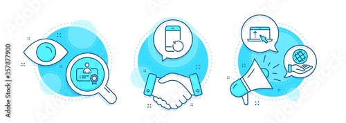 Recovery phone, Safe planet and Certificate line icons set. Handshake deal, research and promotion complex icons. Swipe up sign. Backup smartphone, Ecology, Best employee. Scroll screen. Vector