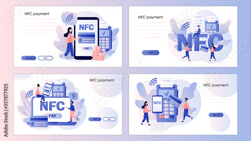 NFC payment. Pos-terminal and payment systems.Screen template for mobile smart phone, landing page, template, ui, web, mobile app, poster, banner, flyer. Modern flat cartoon style. Vector illustration © Marta Sher