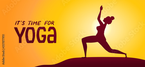 Young woman doing yoga at sunset or sunrise. Banner with time for yoga text. Girl practising yoga outdoors. Flat cartoon character, vector illustration.