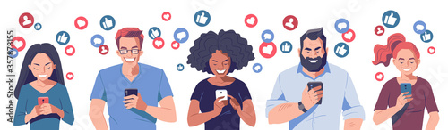 Diverse group of young people with smartphones. Getting likes in social media concept banner. Like buttons, messages and followers icons. Cartoon character, vector illustration.