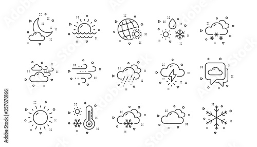 Cloudy sky, winter snowflake, thermometer. Weather and forecast line icons. Moon night, rain and sunset icons. Weather temperature, meteorology forecast. Linear set. Geometric elements. Vector
