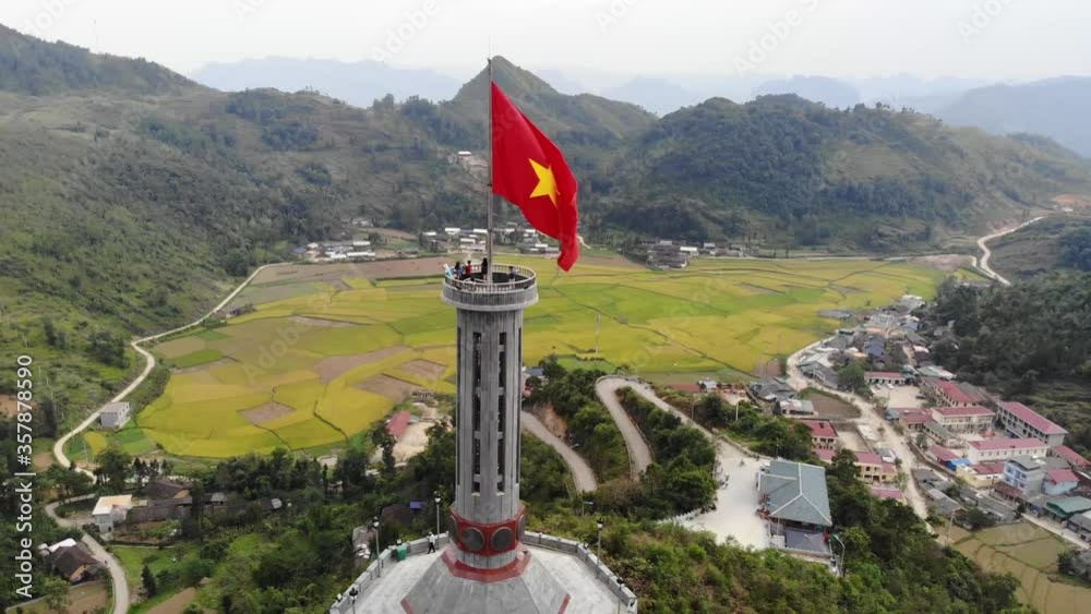 Aerial footage of The Lung Cu flag tower at Lung Cu, Ha Giang province in the northern Viet Nam.