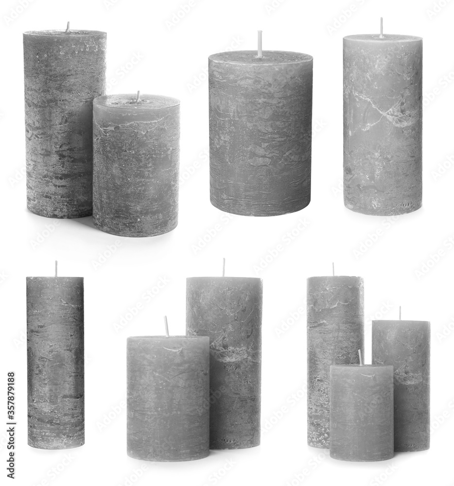 Set of grey wax candles on white background Set of grey wax candles on white background