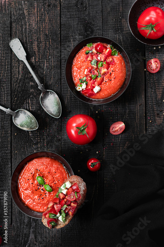 Spanish cold tomato soup with basil 