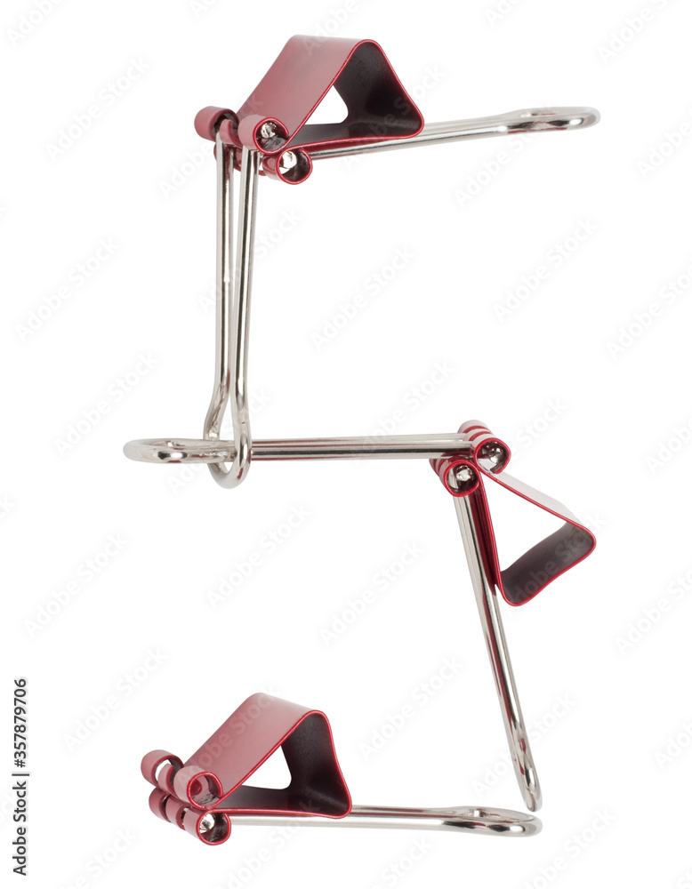 Numeral 5 red binder clips alphabet. Office metal foldback braces. Metal binder clips isolated on white background Numeral 5 red binder clips alphabet. Office metal foldback braces. Metal binder clips isolated on white background