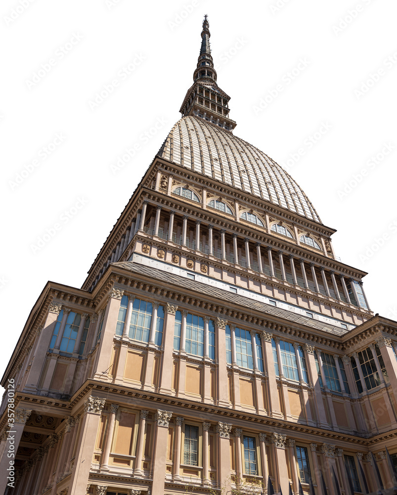 Mole Antonelliana (1863-1889) isolated on white background. Historic building, symbol of the city of Turin, Piedmont, Italy, Europe
