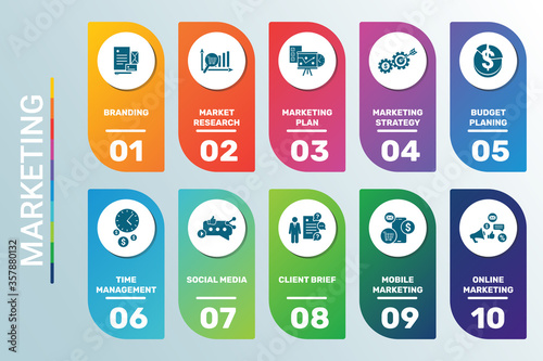 Vector Infographic template Marketing data visualization. 10 step options in different colors. Can be used for process diagram, presentations, workflow layout, banner with MARKETING icons