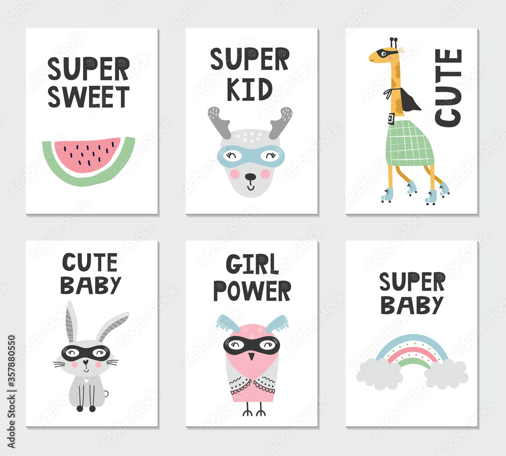 Set of children's posters with superhero characters, animals and lettering. Clip art collection, vector illustration.