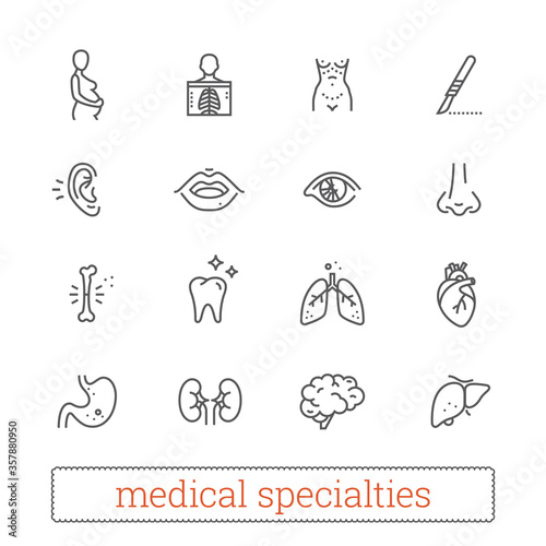 Medicine specialties thin line icons: diagnosis, medical, surgical. Human body systems, internal and sensory organs, surgical tools, diagnostic equipment. Design elements for web and mobile app.