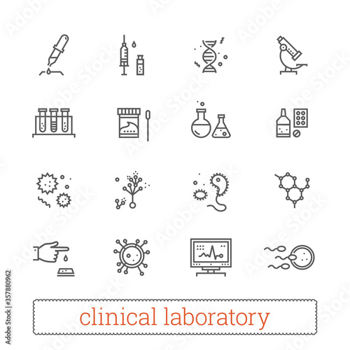 Clinical laboratory thin line icons: medicine science, virology study, microbiology assay, immune system analysis, genetics, diagnostic equipment, medical tools. Modern vector design elements.